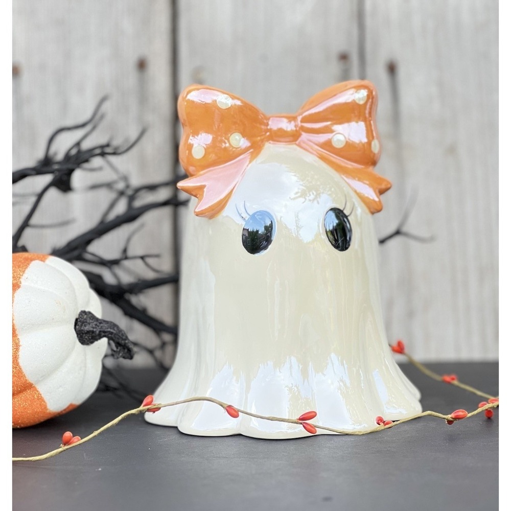 Viral Ghost With Orange & White Polka Dot Bow Halloween Figurine 7.5 X 6" NEW - Picture 7 of 7
